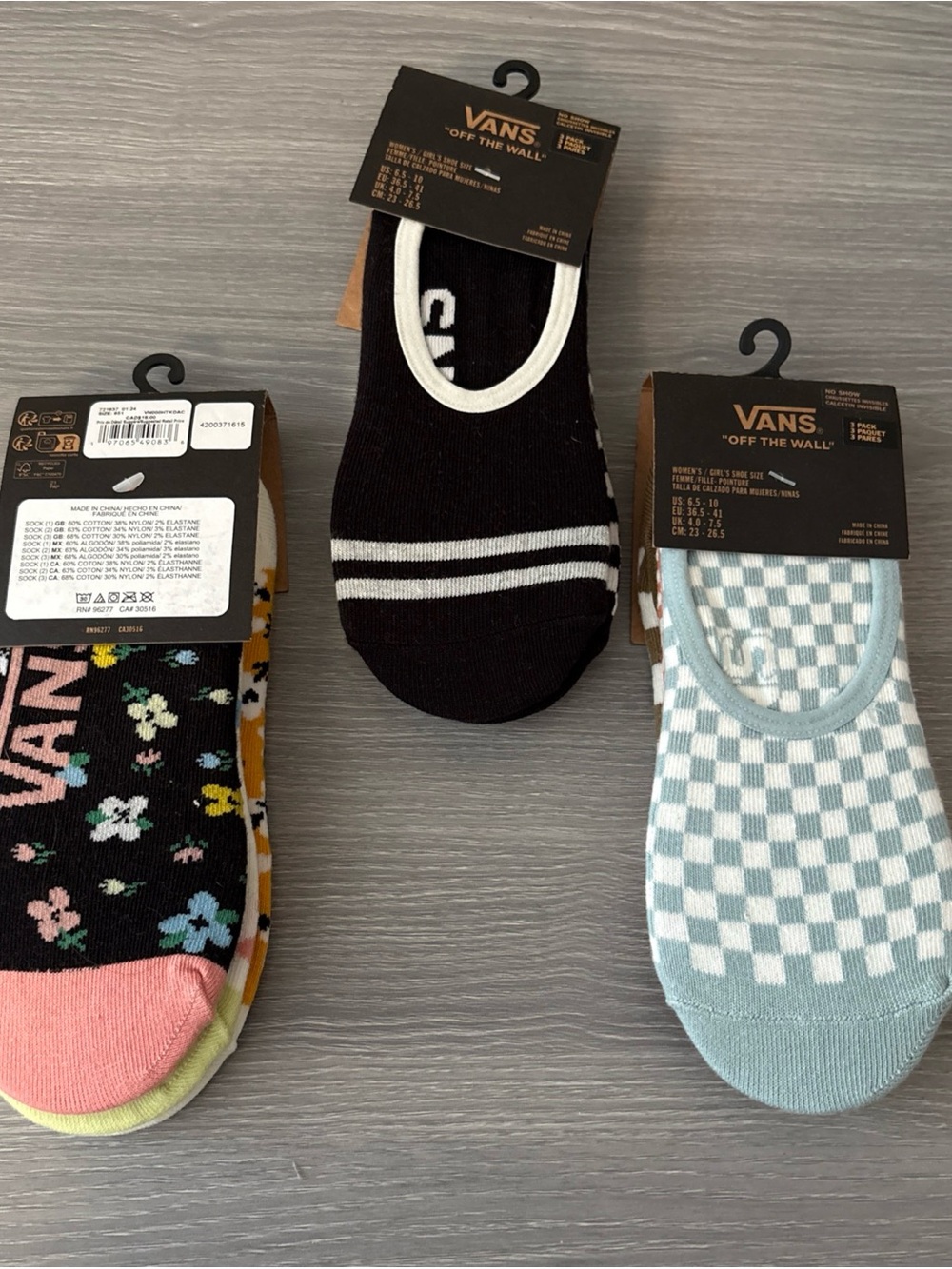Vans No-Show Sock 3-Pack — Black, Pink Floral, Light Blue Checker